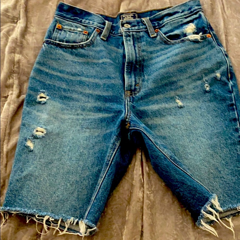 High rise denim distressed mom shorts